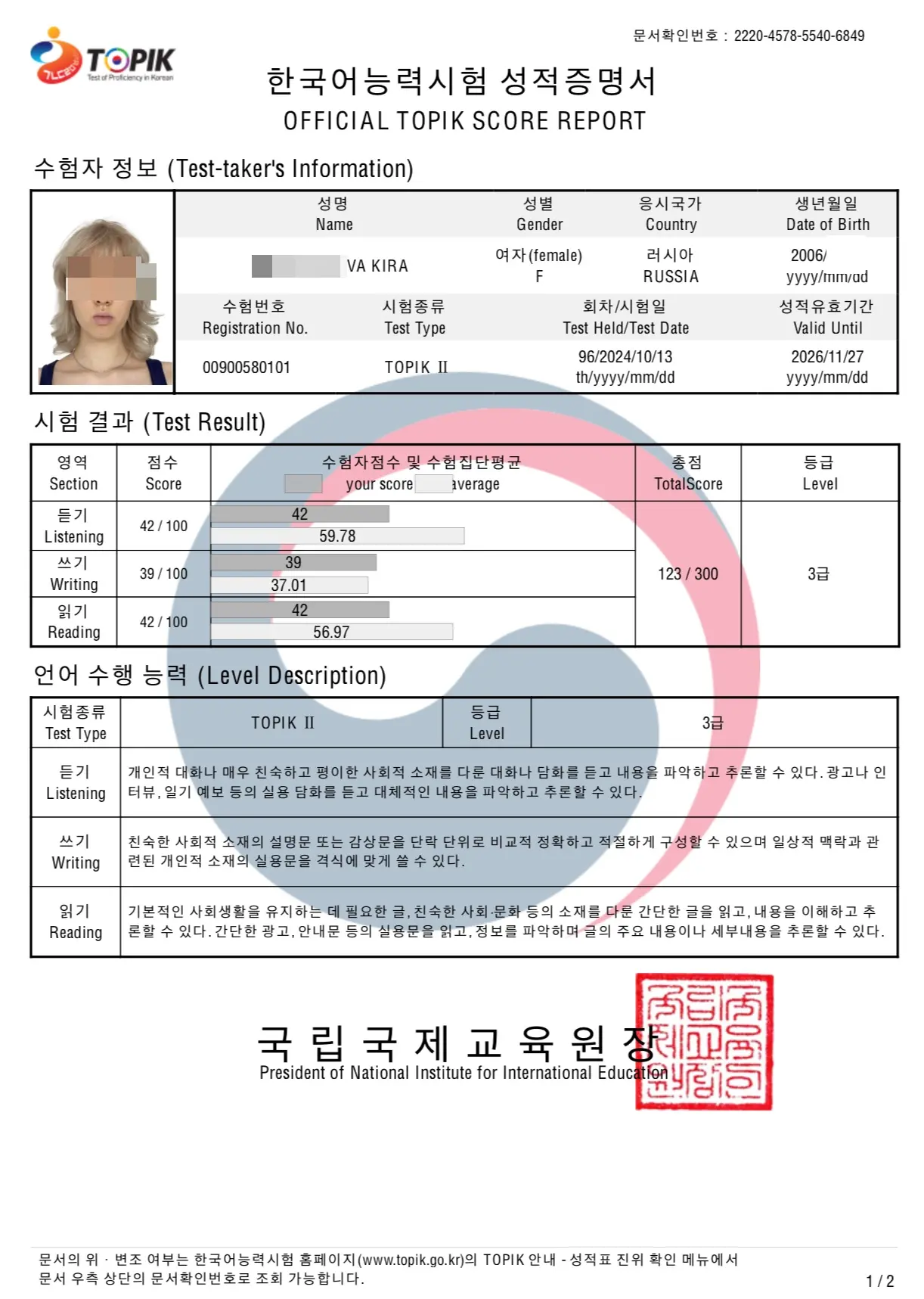 한소희 — TOPIK II 6급